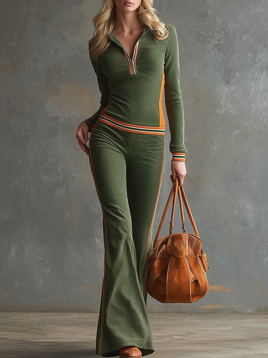 Trendy Sporty Color-blocked Olive Green Corduroy Top And Wide-leg Pants Set