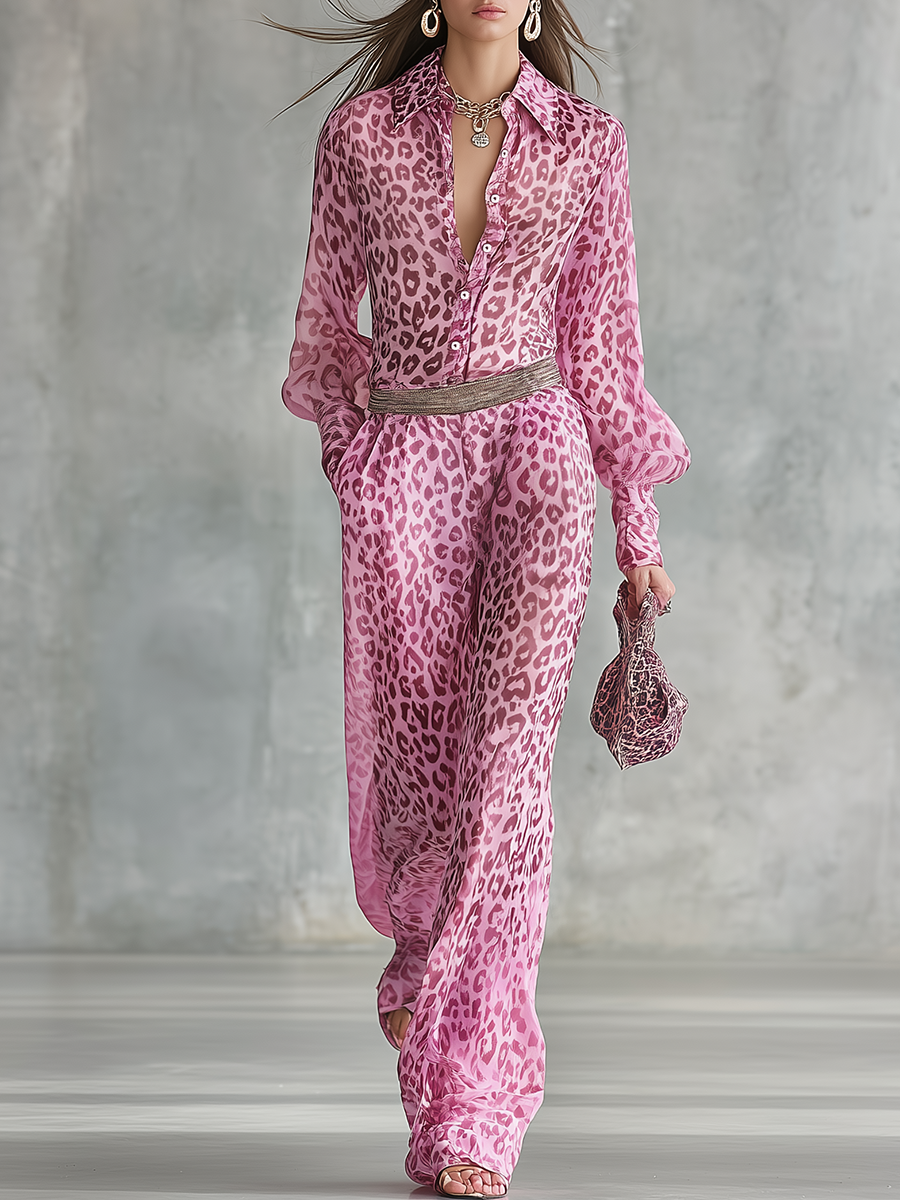 Stylish Vintage Leopard Print Chiffon Shirt And Wide-leg Pants Set