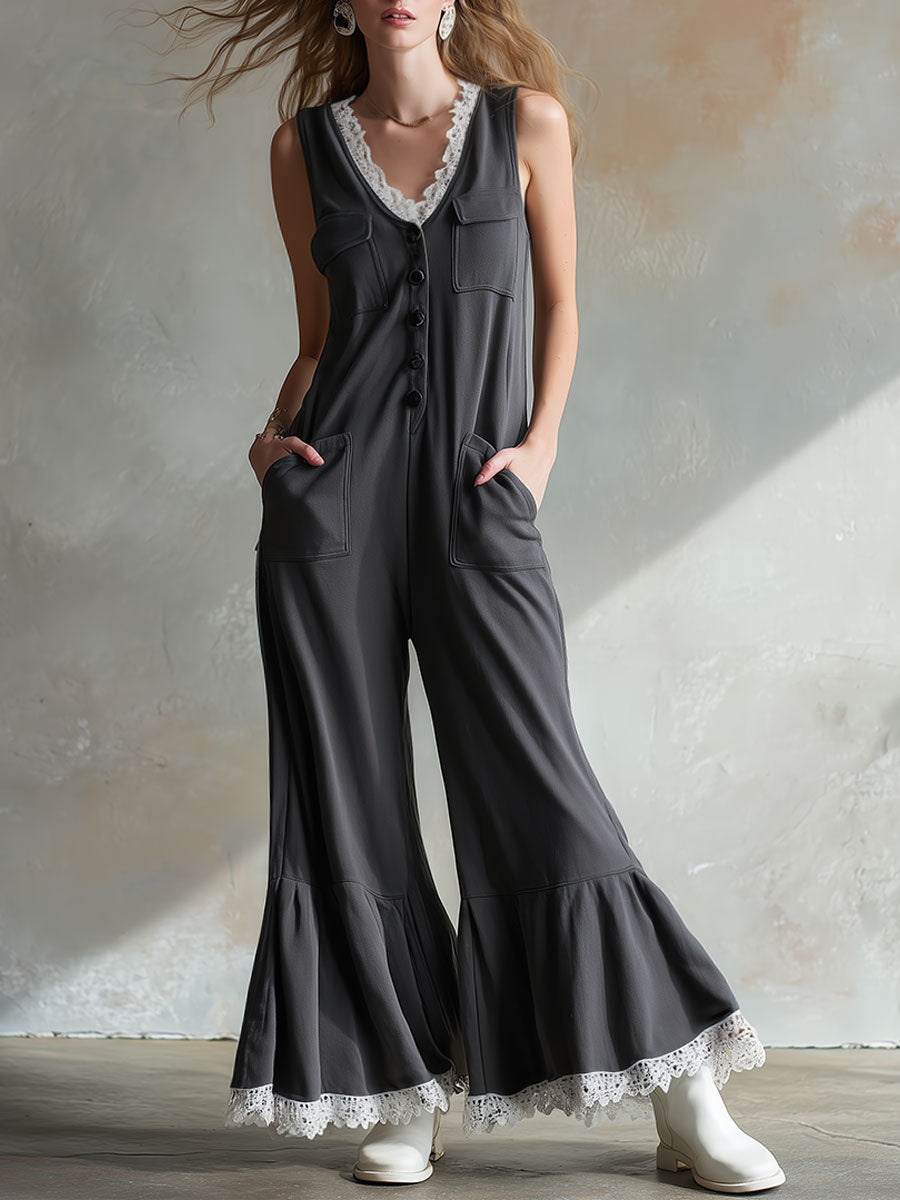 Casual Retro White Lace Dark Gray Cotton Blend Button Sleeveless Jumpsuit