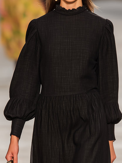 Western Black Cotton Linen Patchwork Tulle Round Neck Midi Dress