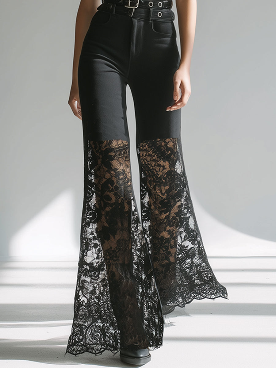 Elegant And Sophisticated Black Cotton Patchwork Lace Wide-leg Pants
