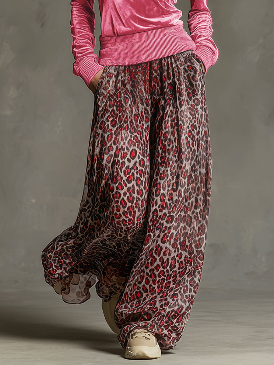 Casual Retro Pink Fleece Hooded Top And Chiffon Leopard Print Wide-leg Pants Set