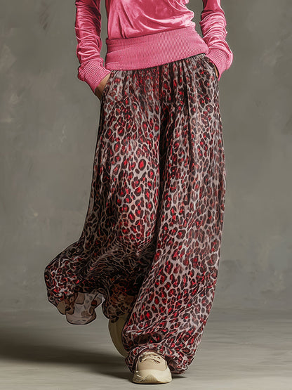 Casual Retro Pink Fleece Hooded Top And Chiffon Leopard Print Wide-leg Pants Set