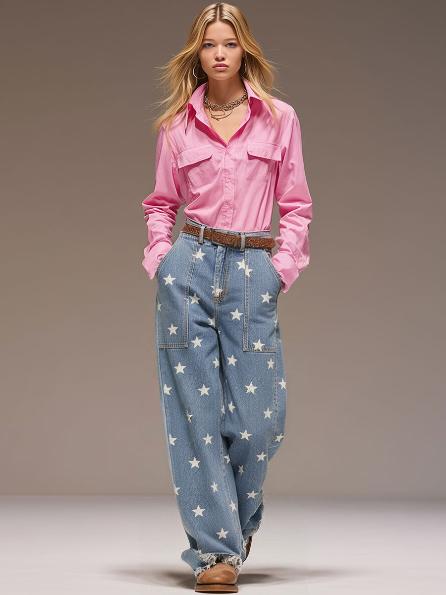 Casual Retro Pink Cotton Long-Sleeved Shirt