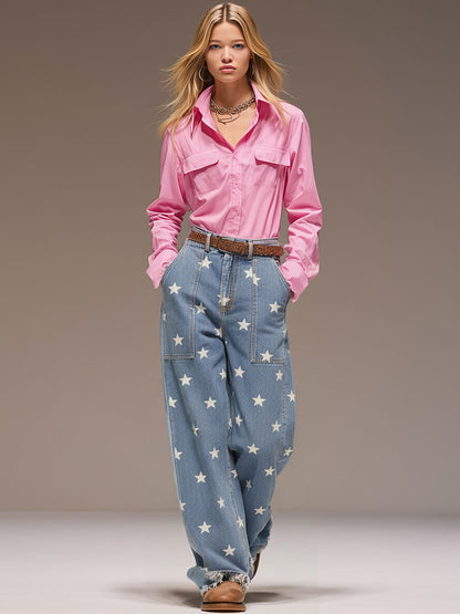 Casual Retro Pink Cotton Long-Sleeved Shirt