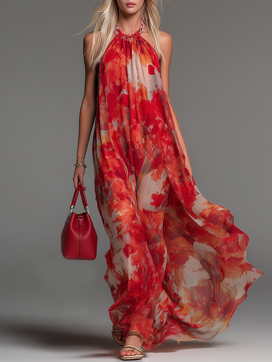 Stylish And Comfortable Halter Neck Sleeveless Printed Chiffon Maxi Dress