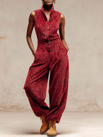 Casual Retro Leopard Print Red Velvet Sleeveless Jogger Jumpsuit
