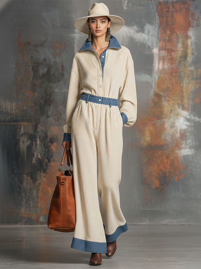 Retro Denim Patchwork Corduroy Shirt And Wide-leg Pants Set