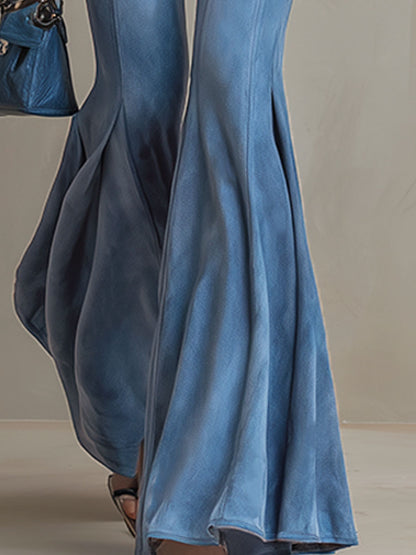 Western Retro Embroidered Blue Ruffled Vest And Trousers Set