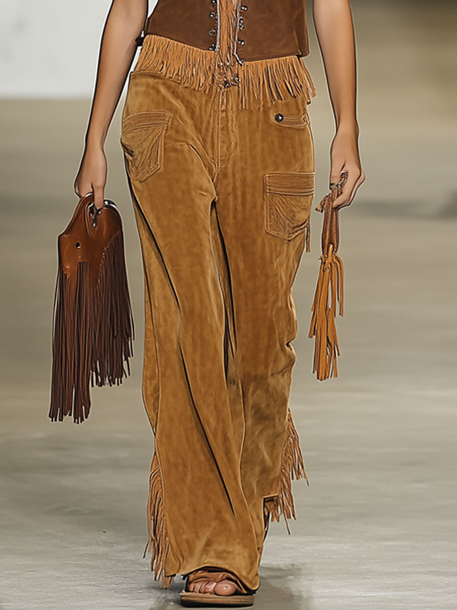 Casual Loose Vintage Caramel Suede Rivet Tassel Wide Leg Pants