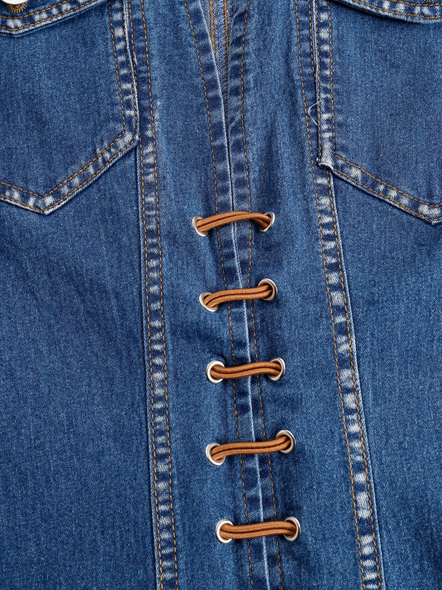 Casual Vintage Blue Denim V-Neck Tie Sleeveless Tassel Mini Dress