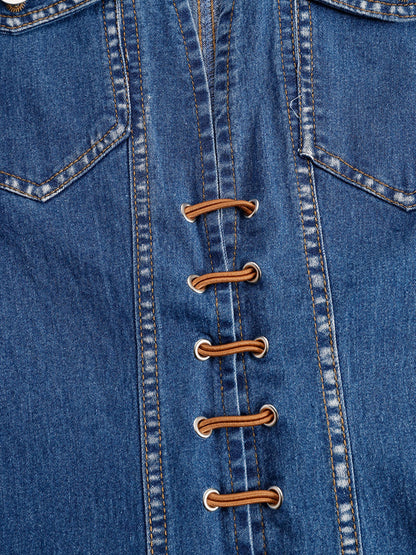 Casual Vintage Blue Denim V-Neck Tie Sleeveless Tassel Mini Dress