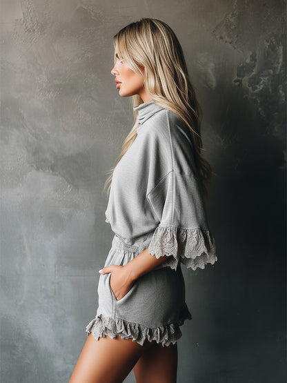 Urban Sporty Style Lace-trimmed Gray T-shirt And Shorts Set