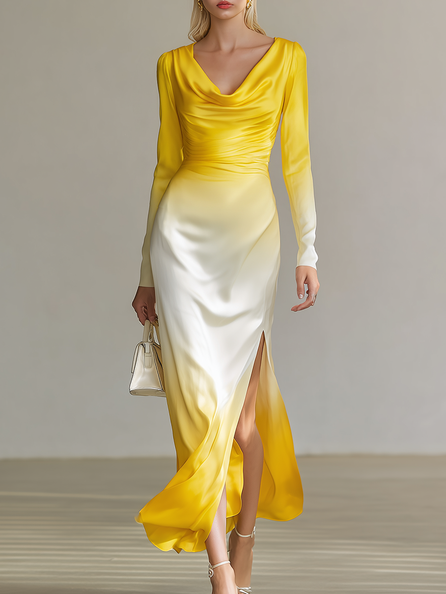 Elegant Sexy Cowl Neck Gradient Print Satin Maxi Dress