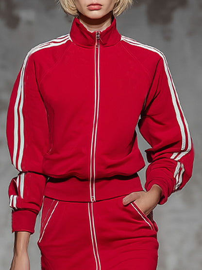 Sporty Style Stand-collar Zip-up Jacket And Skirt Set