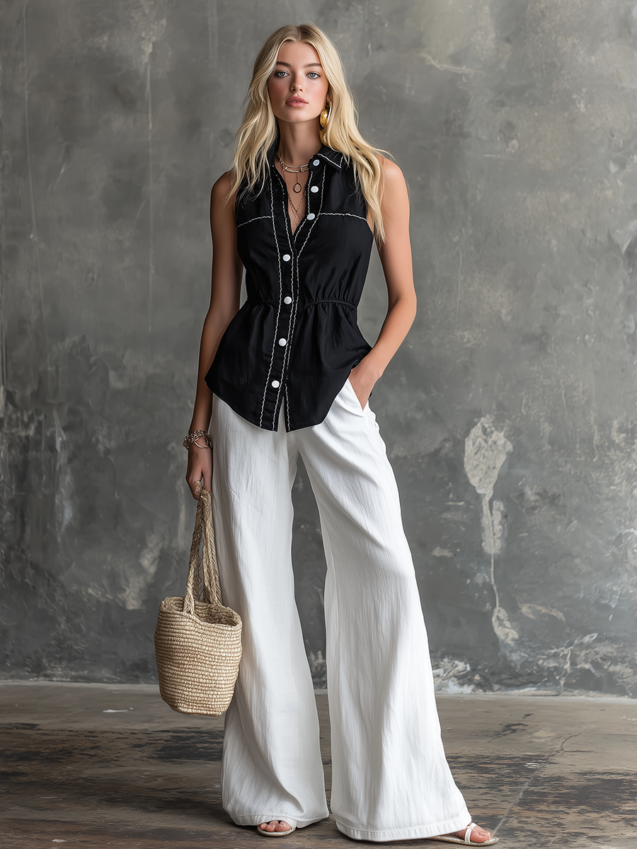 Urban Minimalist Retro Embroidered Sleeveless Top And Wide-Leg Pants Set