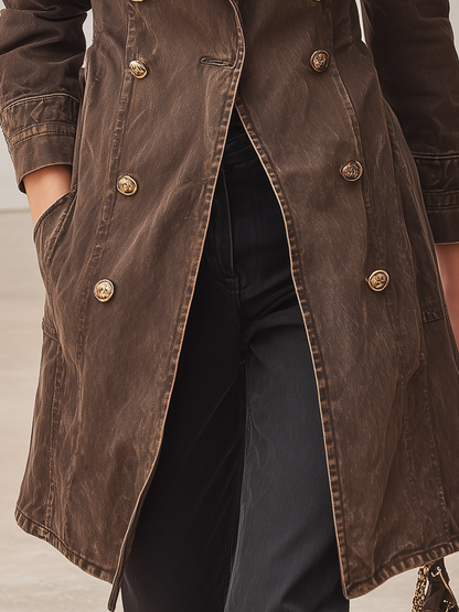 Brown Washed Denim Trench Coat Women Ruffle Collar Double-Breasted Belted Coat