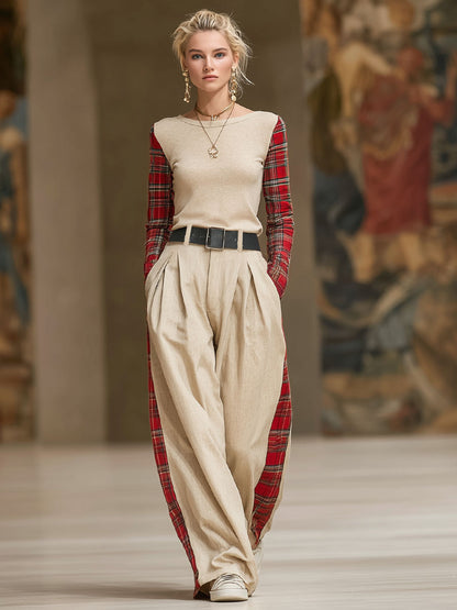 Red Checkered Patchwork Crew Neck Long-sleeved T-shirt And Loose Wide-leg Pants Set