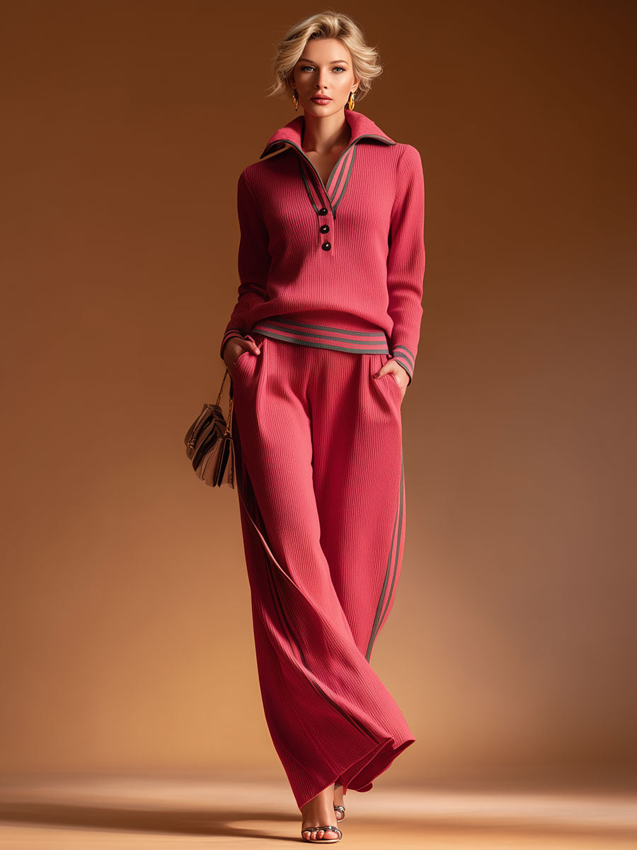 Casual Style Red Knitted Top And Wide-leg Pants Set
