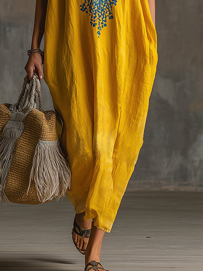 Elegant And Exquisite Embroidered Yellow Cotton And Linen Short-sleeved Maxi Dress