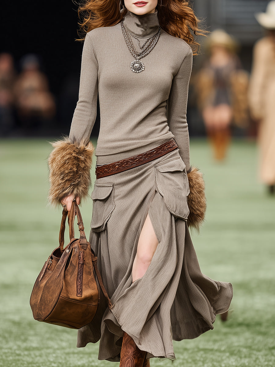 Western-style Casual Plush Cuffs And Slits Khaki Turtleneck Maxi Dress