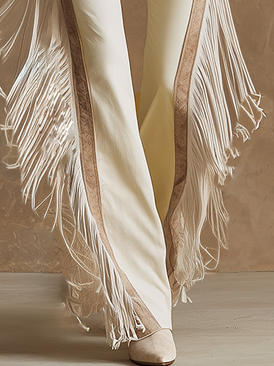 Western-style Elegant Fringed Off-white Faux Suede Flared Pants