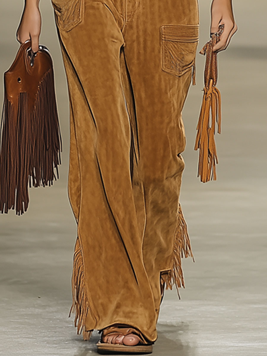 Casual Loose Vintage Caramel Suede Rivet Tassel Wide Leg Pants