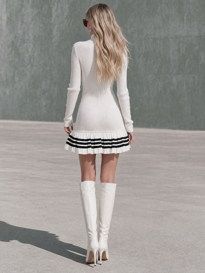 Fashionable Vacation Striped Ruffled Half-zip White Knit Mini Dress