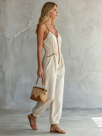 Retro Casual Color-blocked Beige Sleeveless V-neck Cotton And Linen Jumpsuit