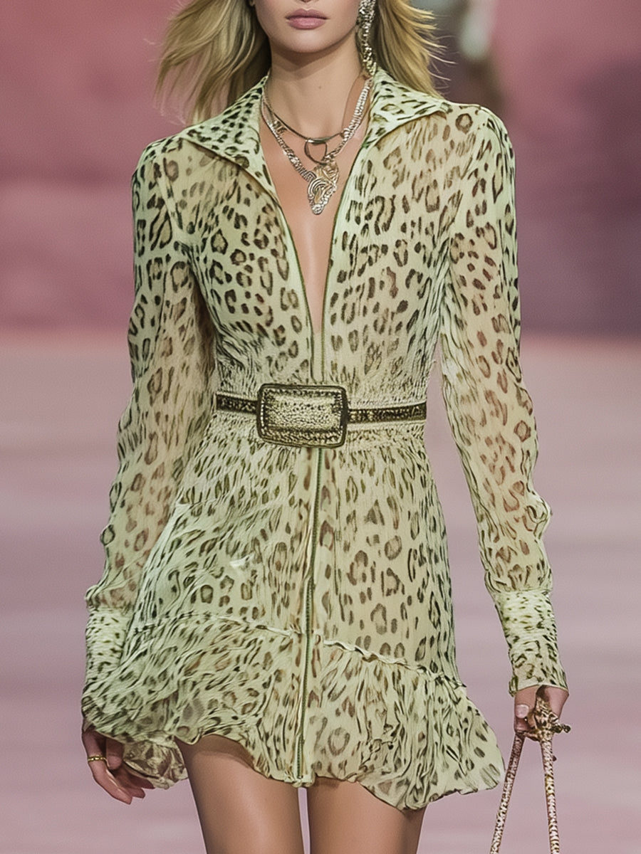 Fashionable Green Chiffon Leopard Print Zipper Mini Dress
