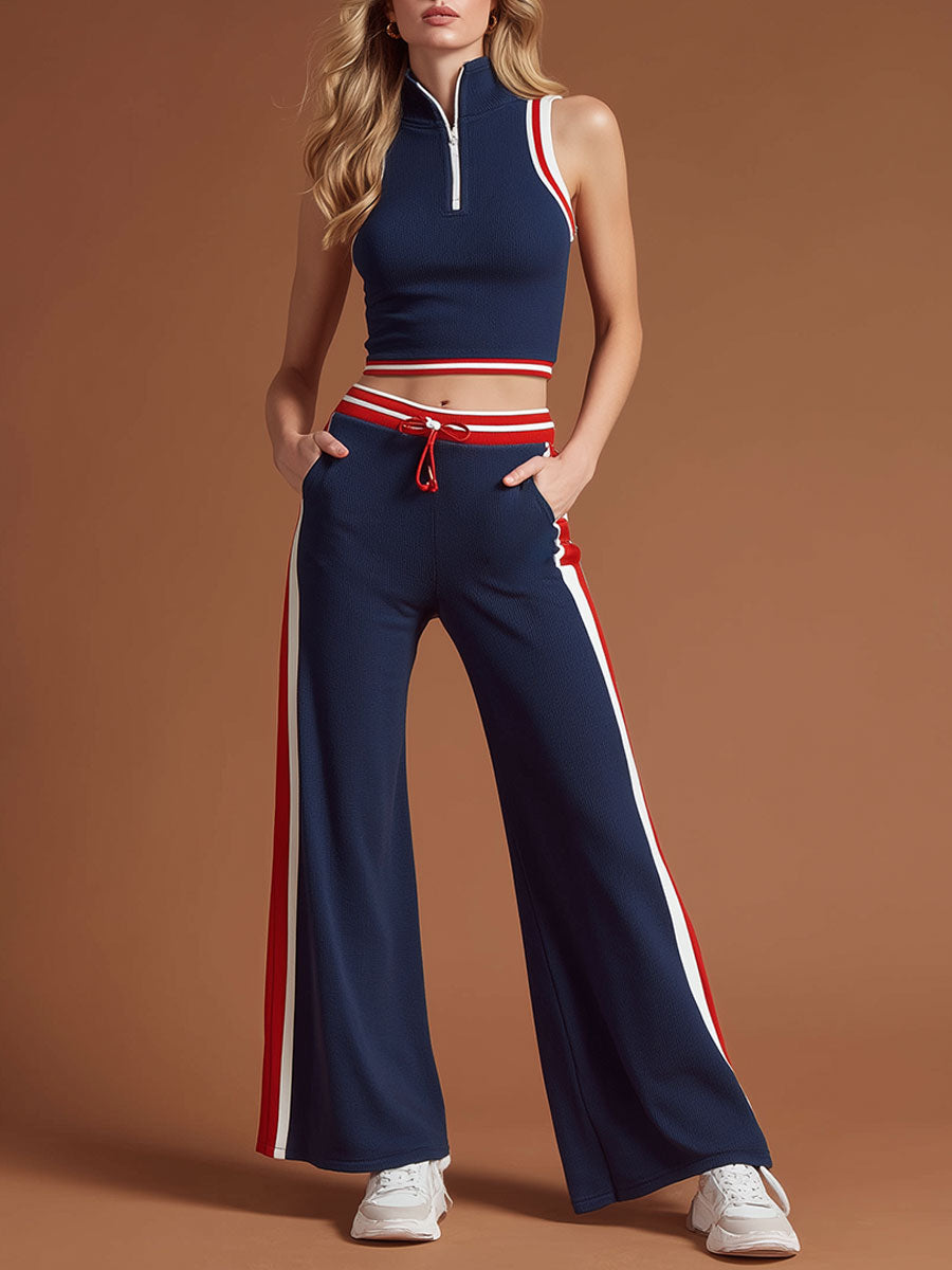 Fashionable Sporty Red And White Trim Blue Sleeveless Top And Pants Set