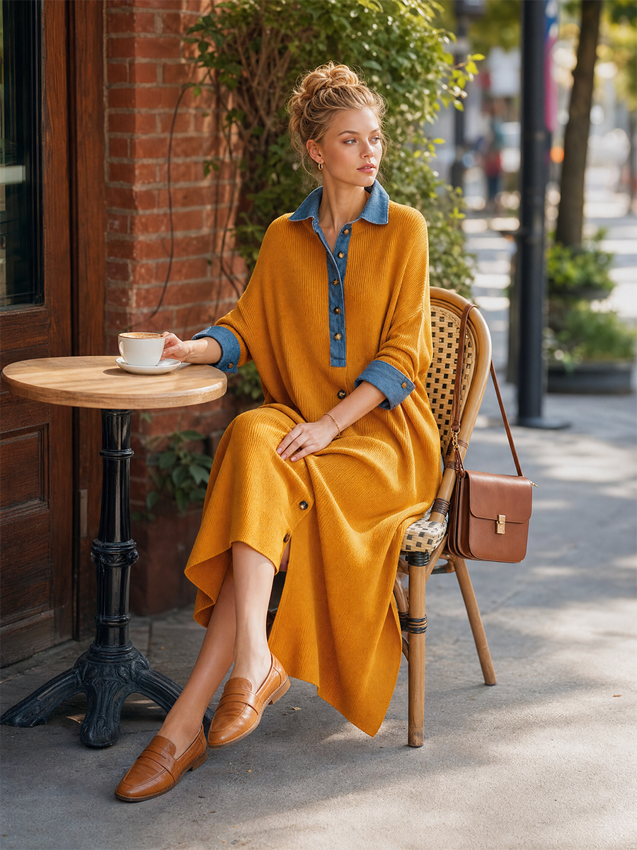 Trendy Oversized Color-block Trim Yellow Knit Midi Dress