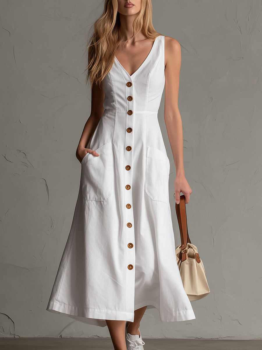 Casual Retro Style Button-down White V-neck Sleeveless Cotton Midi Dress