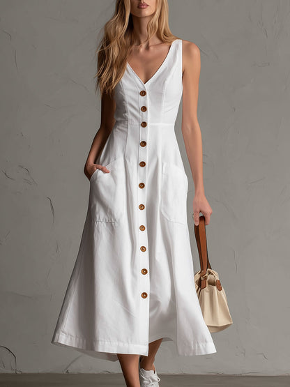 Casual Retro Style Button-down White V-neck Sleeveless Cotton Midi Dress