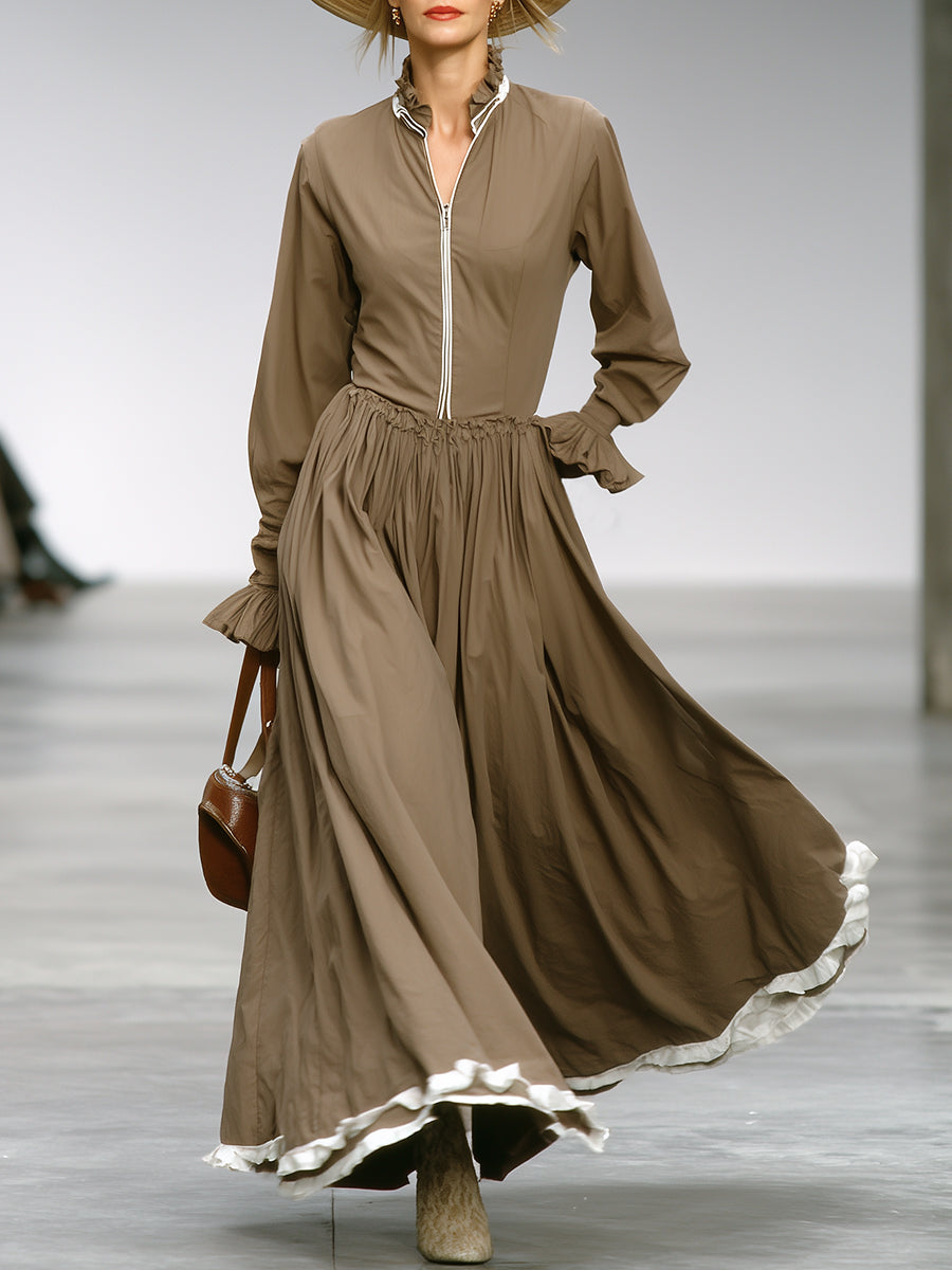 Brown Zippered White Ribbon Ruffled Maxi Dress