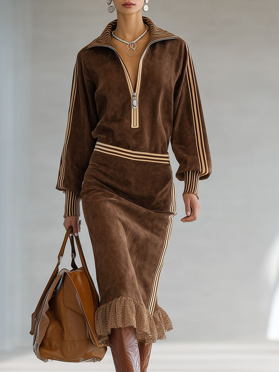 Color-blocked Faux Suede Half-zip Lace-trimmed Midi Dress