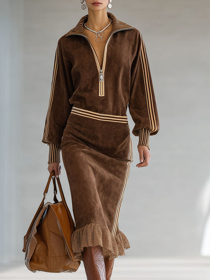 Color-blocked Faux Suede Half-zip Lace-trimmed Midi Dress