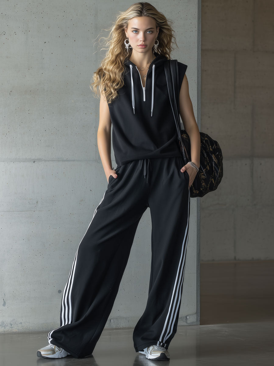 Sporty Retro Three-stripe Black Sleeveless Hooded Sweatshirt And Wide-leg Pants Set