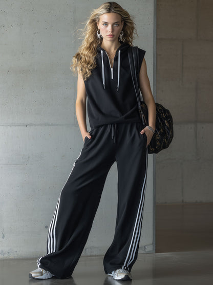 Sporty Retro Three-stripe Black Sleeveless Hooded Sweatshirt And Wide-leg Pants Set