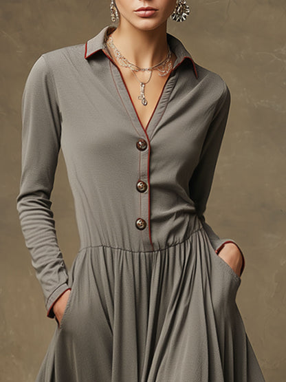 Fashionable Retro-trimmed Long-sleeved Grey Knit Cotton Pleated Maxi Dress