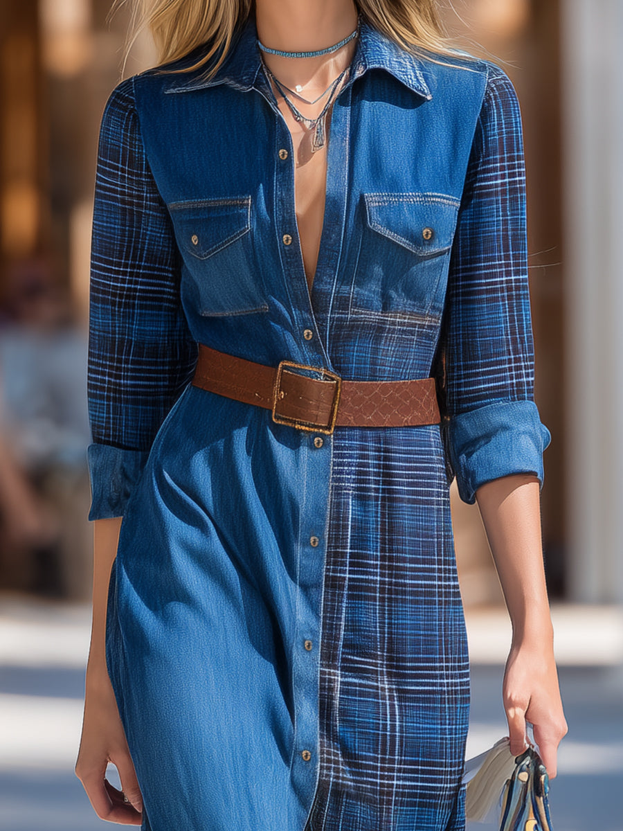 Retro Blue Denim Patchwork Plaid Button Maxi Dress