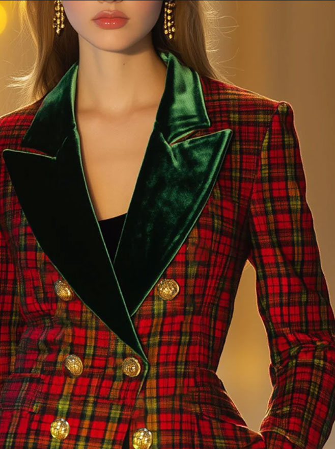 Casual Retro Woolen Red And Green Plaid Velvet Lapel Double-Breasted Blazer