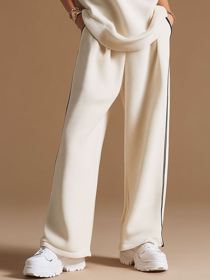 Casual Retro Black-trimmed White Knit Sleeveless Hooded Wide-leg Pants Set