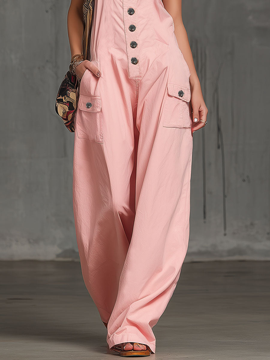 Pink Cotton Multi-pocket Overalls