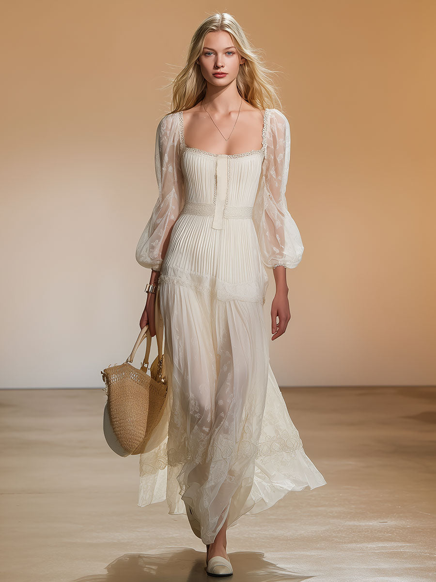 Stylish And Elegant White Square-neck Chiffon Maxi Dress