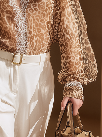 Retro Western Leopard Print Lace Trim Chiffon Shirt