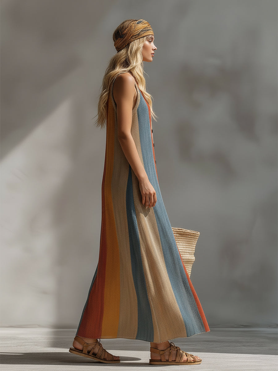Retro Vacation Style Rainbow-colored Lightweight Knit Sleeveless Maxi Dress