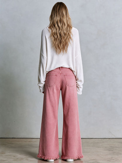 vintage-button-down-washed-pink-flared-frayed-jeans - Oyrosy