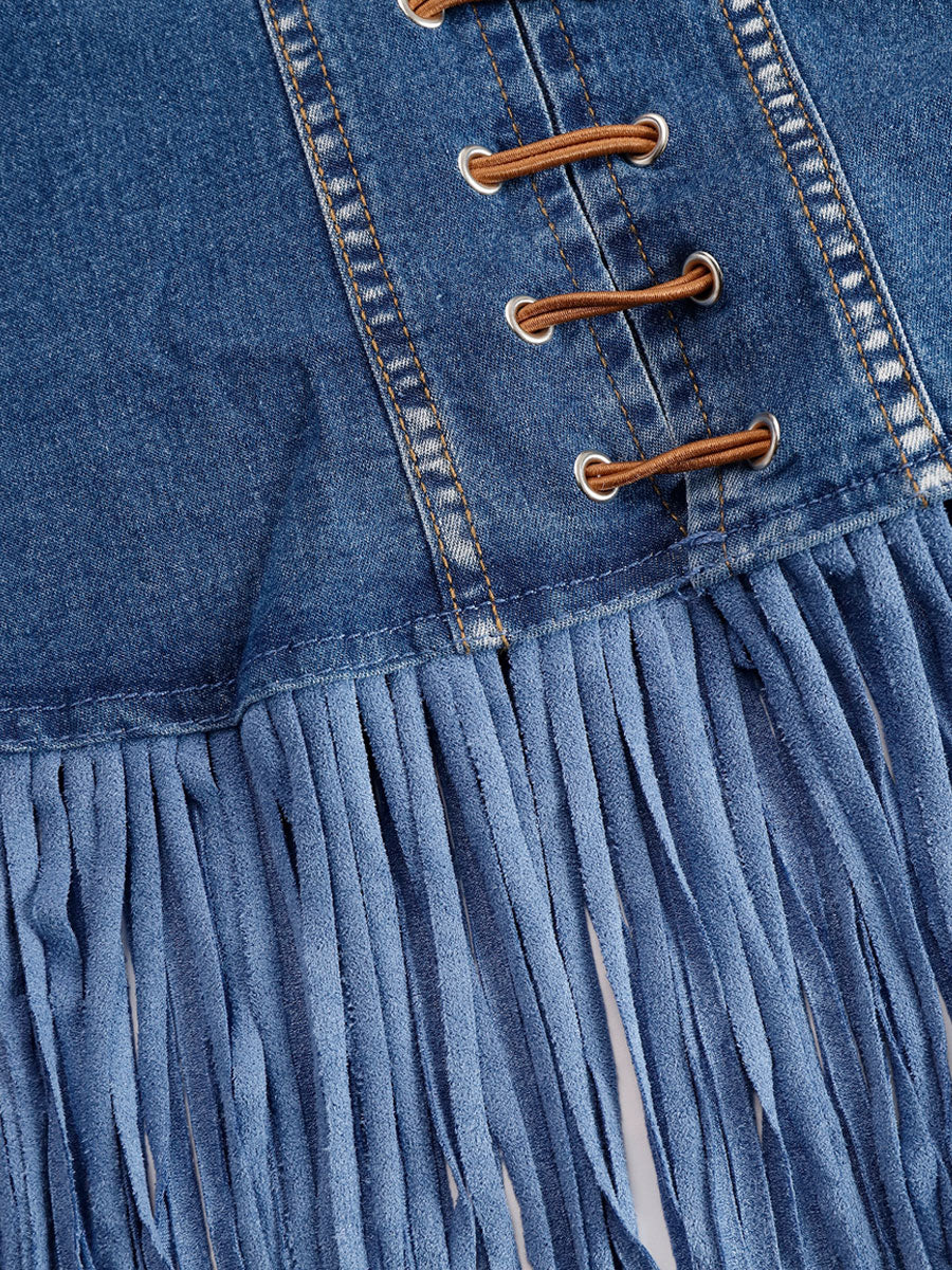 Casual Vintage Blue Denim V-Neck Tie Sleeveless Tassel Mini Dress