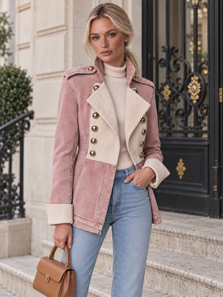 Stylish Retro White Corduroy Pink Double-Breasted Denim Coat